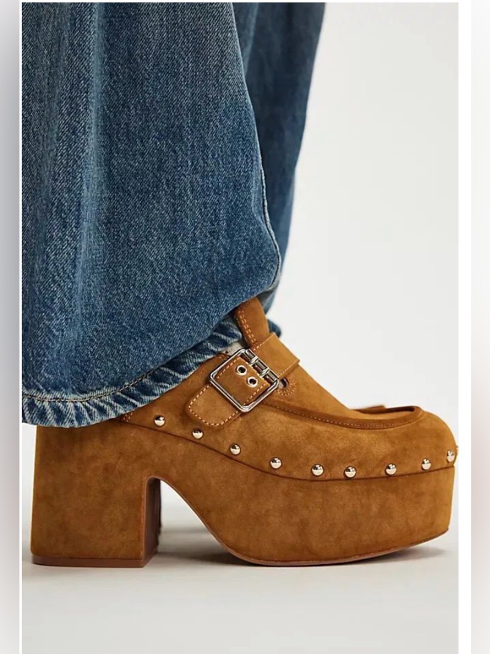 Free People Suede Shearling Studded Clogs Mules Buckle Size 6